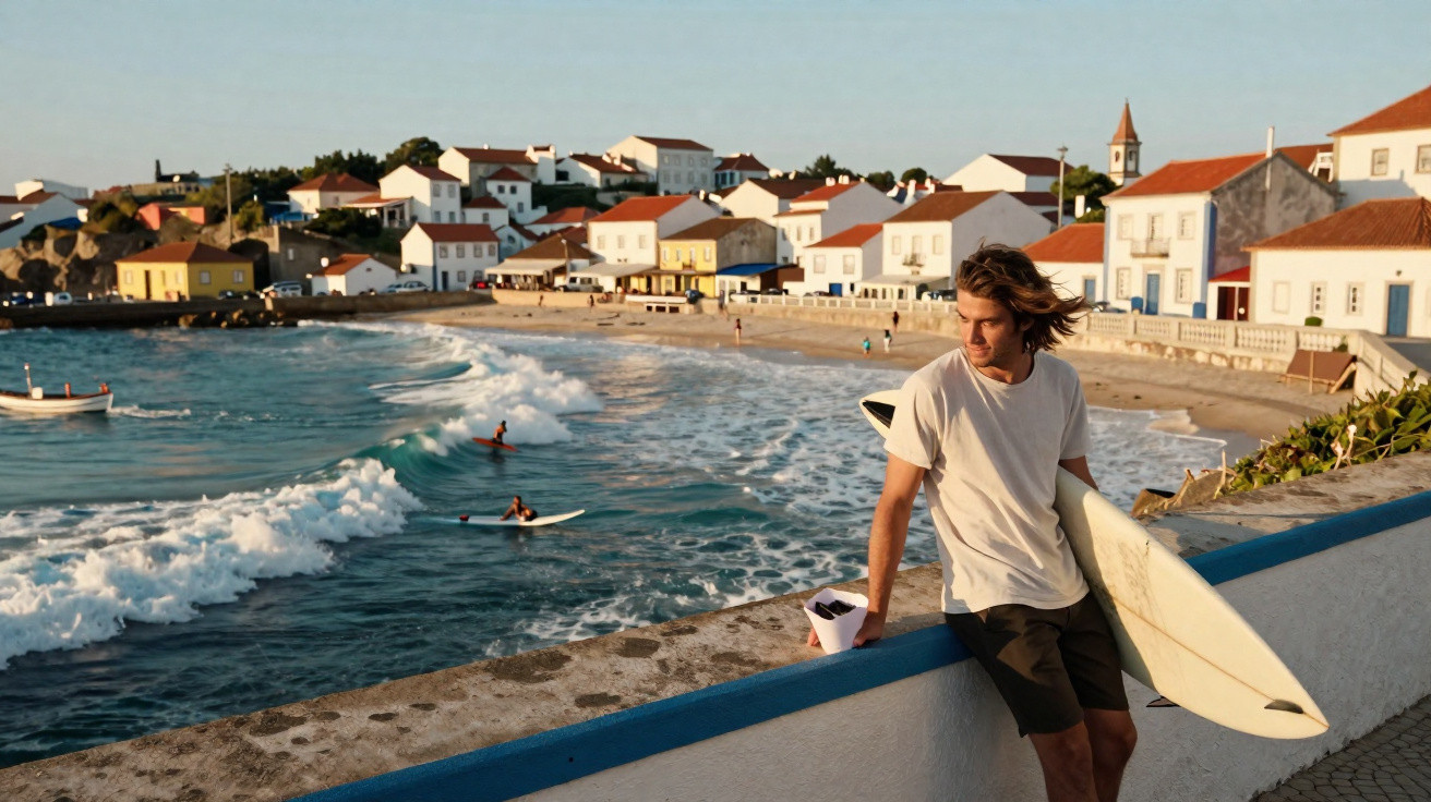 Jovem com prancha de surf encostado em murete junto à praia com ondas e casas ao fundo numa vila costeira.