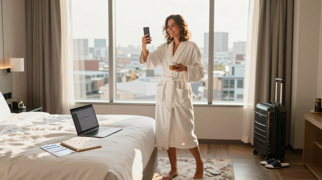 Mulher de roupão branco sorrindo e tirando selfie numa janela de hotel com mala, computador e agenda na cama.