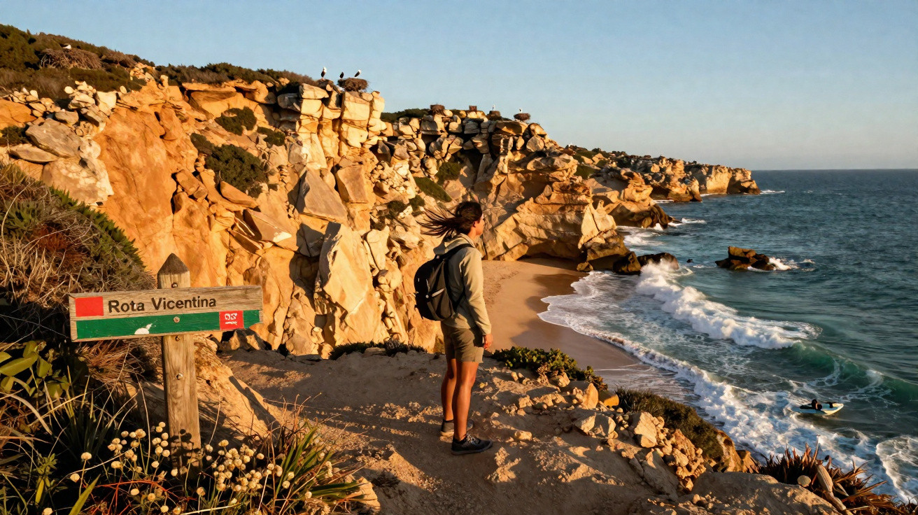 Pessoa com mochila na Rota Vicentina observa praia com falésias douradas e mar agitado ao pôr do sol.
