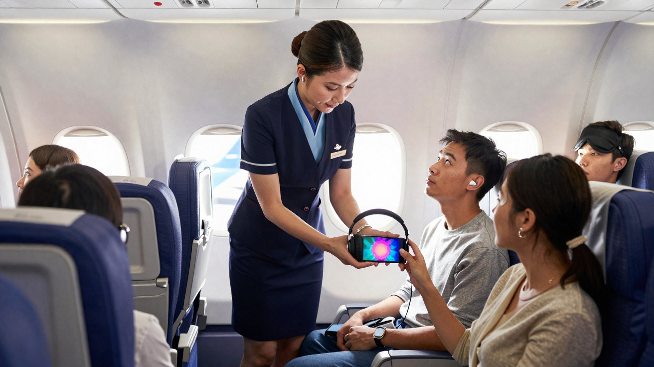 Uma aeromoça apresenta fones de ouvido com um monitor a um passageiro dentro de um avião.