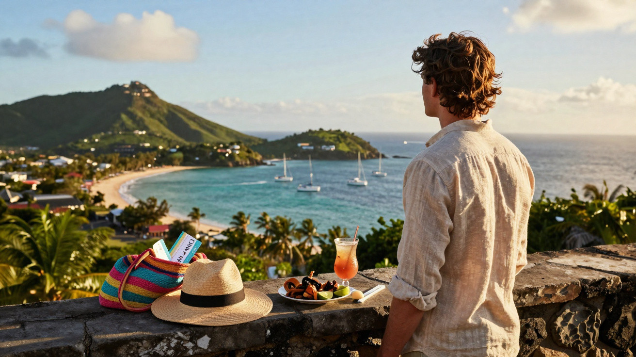 Homem de camisa clara contempla baía com barcos, praia e montanha ao pôr do sol, perto de chapéu e bebida.