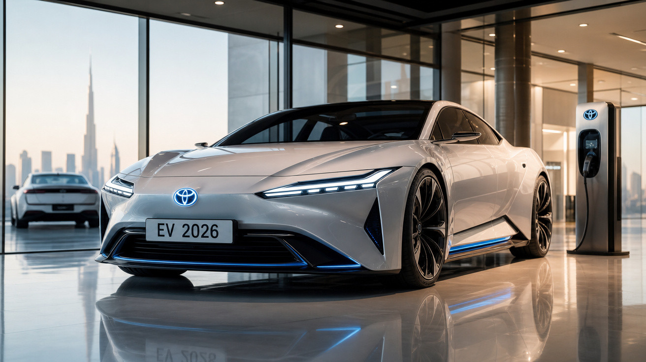 Carro elétrico Toyota branco estacionado em showroom moderno com estação de carregamento e vista urbana ao fundo.