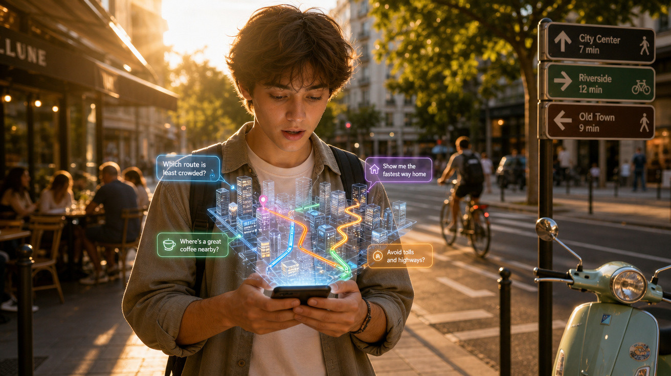 Jovem consulta mapa digital 3D e opções de rota no telemóvel numa rua urbana ao pôr do sol.