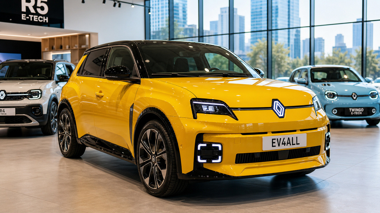 Carro elétrico amarelo Renault EV4ALL em destaque numa concessionária com outros modelos ao fundo.