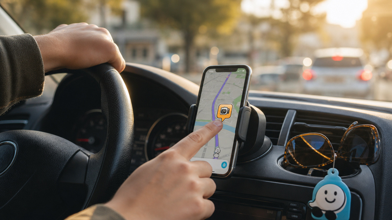 Pessoa a usar aplicação de navegação num telemóvel montado no painel de um carro, com óculos de sol ao lado.