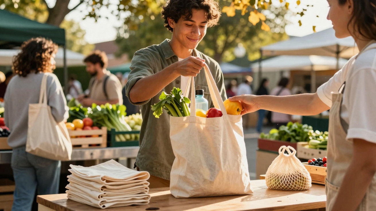 Jovem a comprar legumes numa feira ao ar livre, com saco ecológico cheio de produtos frescos.