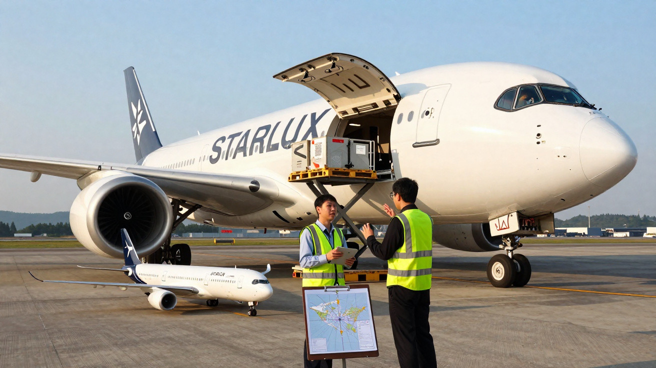 Avião Starlux no solo com carga a ser descarregada e duas pessoas com coletes refletivos a conversar.