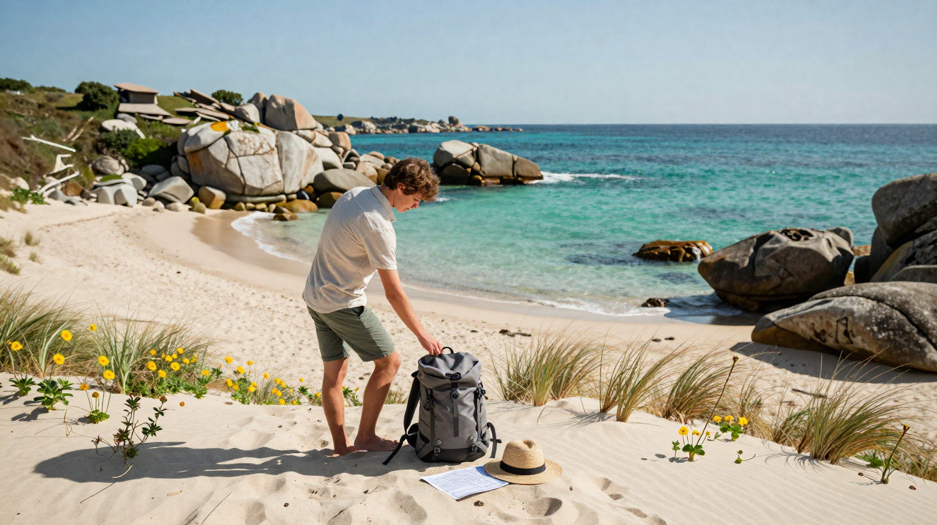 Homem arruma mochila na areia de praia com mar azul, rochas e flores amarelas ao redor.