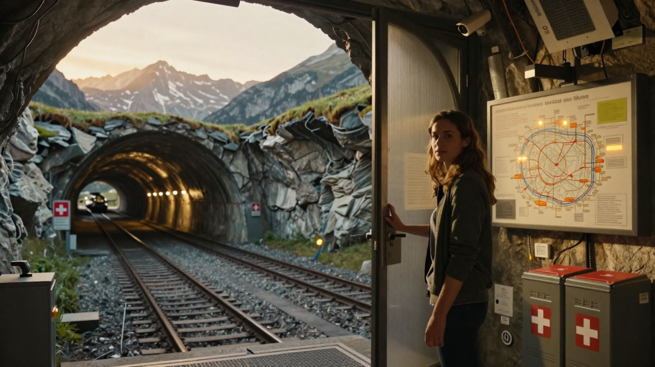 Mulher abre porta de abrigo ferroviário junto a túnel de comboio nas montanhas ao pôr do sol.