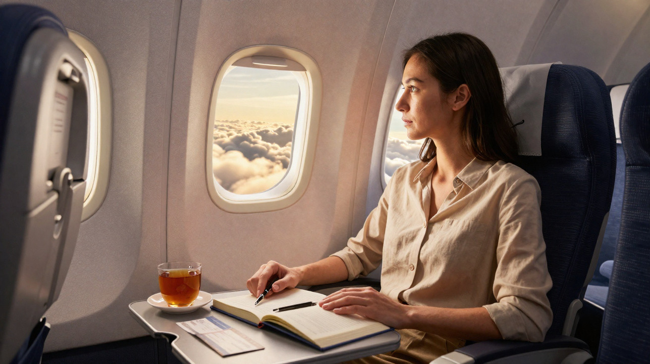Mulher sentada na janela de um avião, escrevendo num caderno com chá numa mesa de apoio à frente.