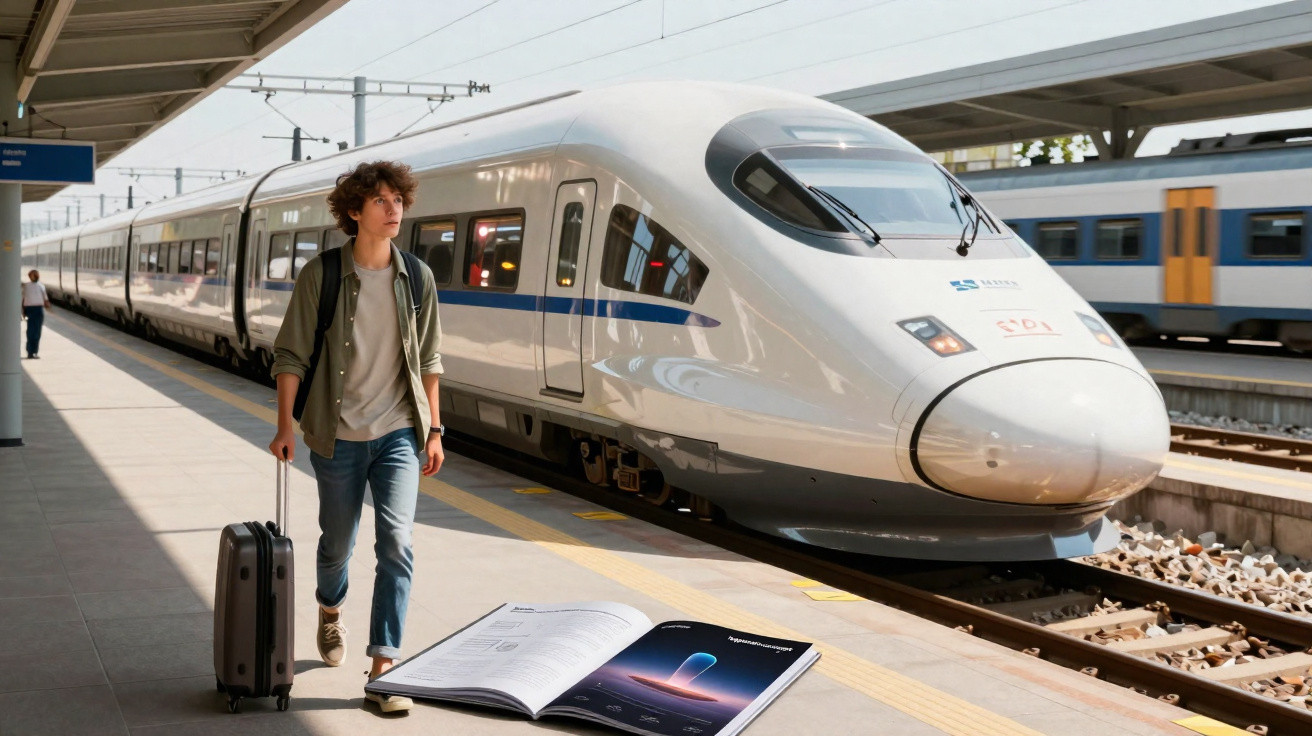 Jovem com mala a andar na plataforma de estação junto a um comboio de alta velocidade moderníssimo.