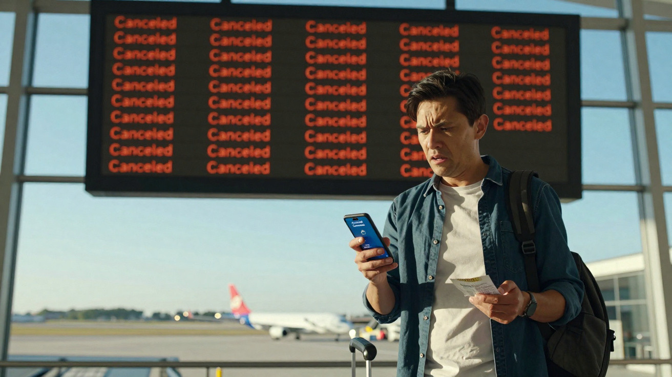 Homem numa sala de aeroporto verifica telefone com ecrã de voos cancelados em fundo.