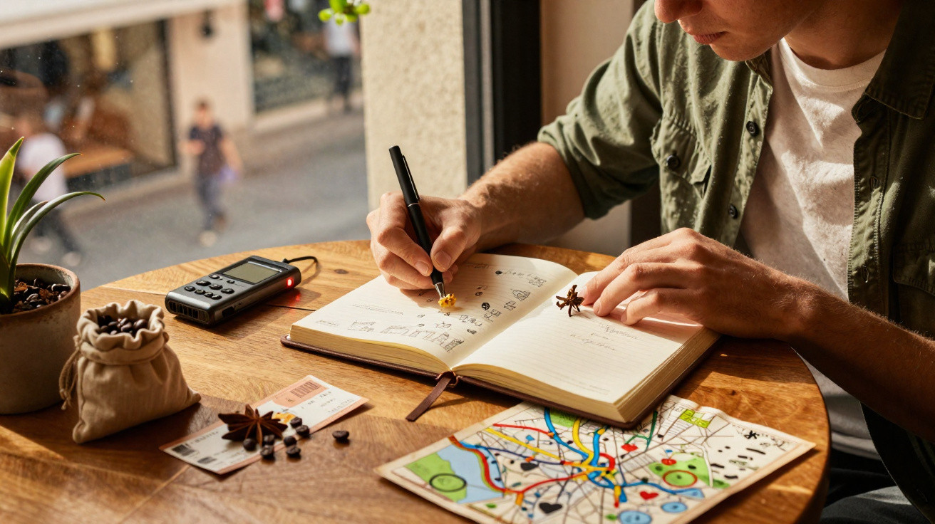 Pessoa a planear viagem com mapa, caderno, caneta e especiarias numa mesa junto à janela.