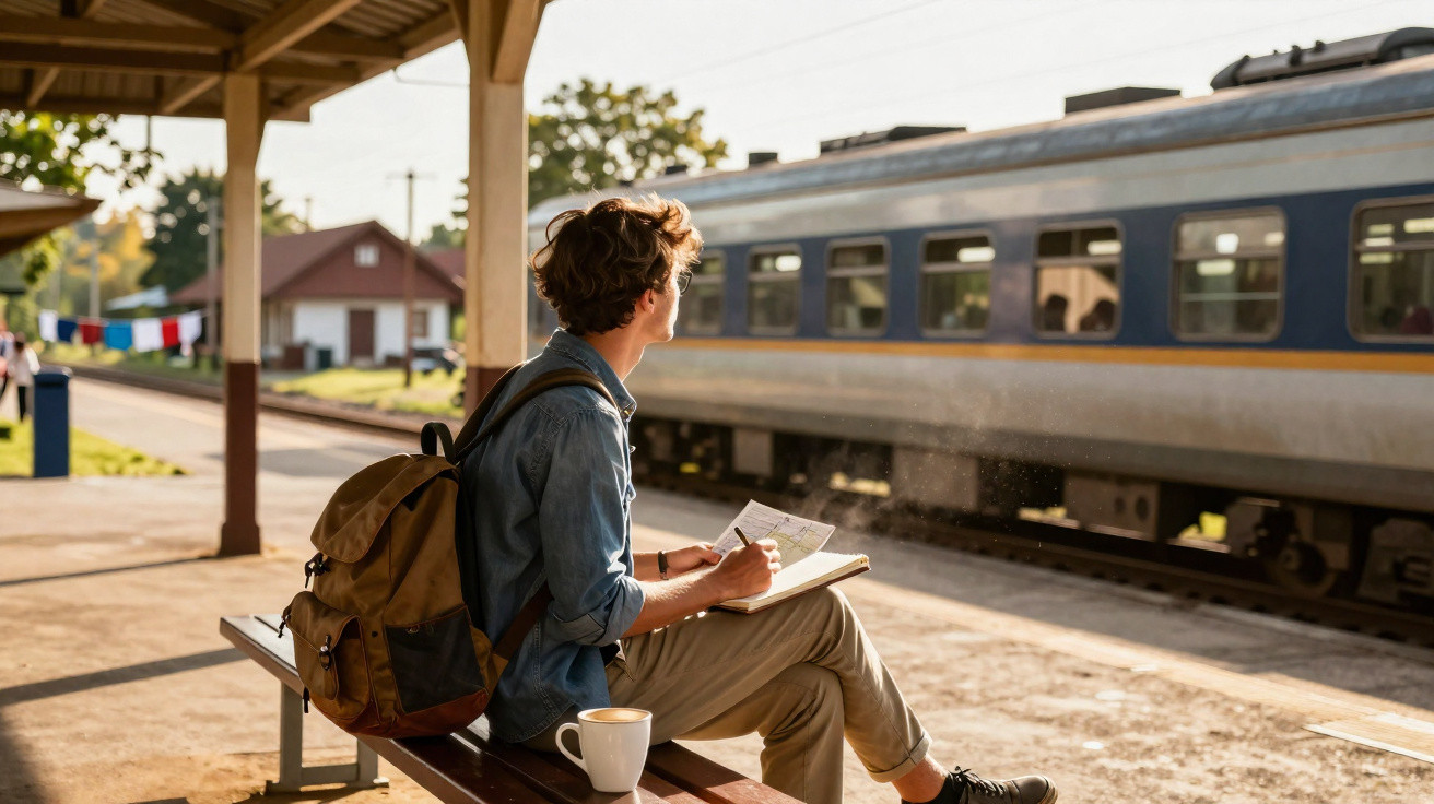 Jovem sentado numa estação de comboios, escrevendo num caderno com um comboio a passar.