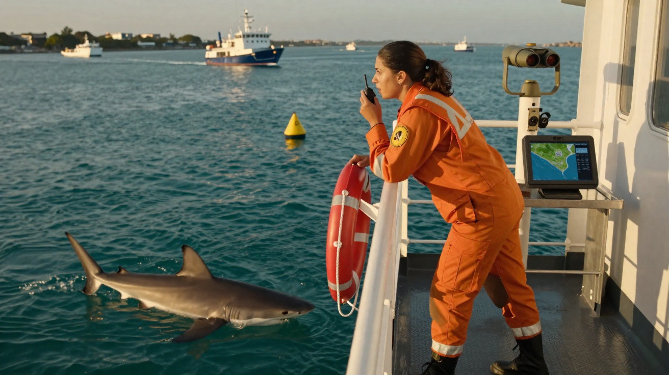 Mulher em uniforme laranja perto da borda do barco, comunica pelo rádio com tubarão visível na água.