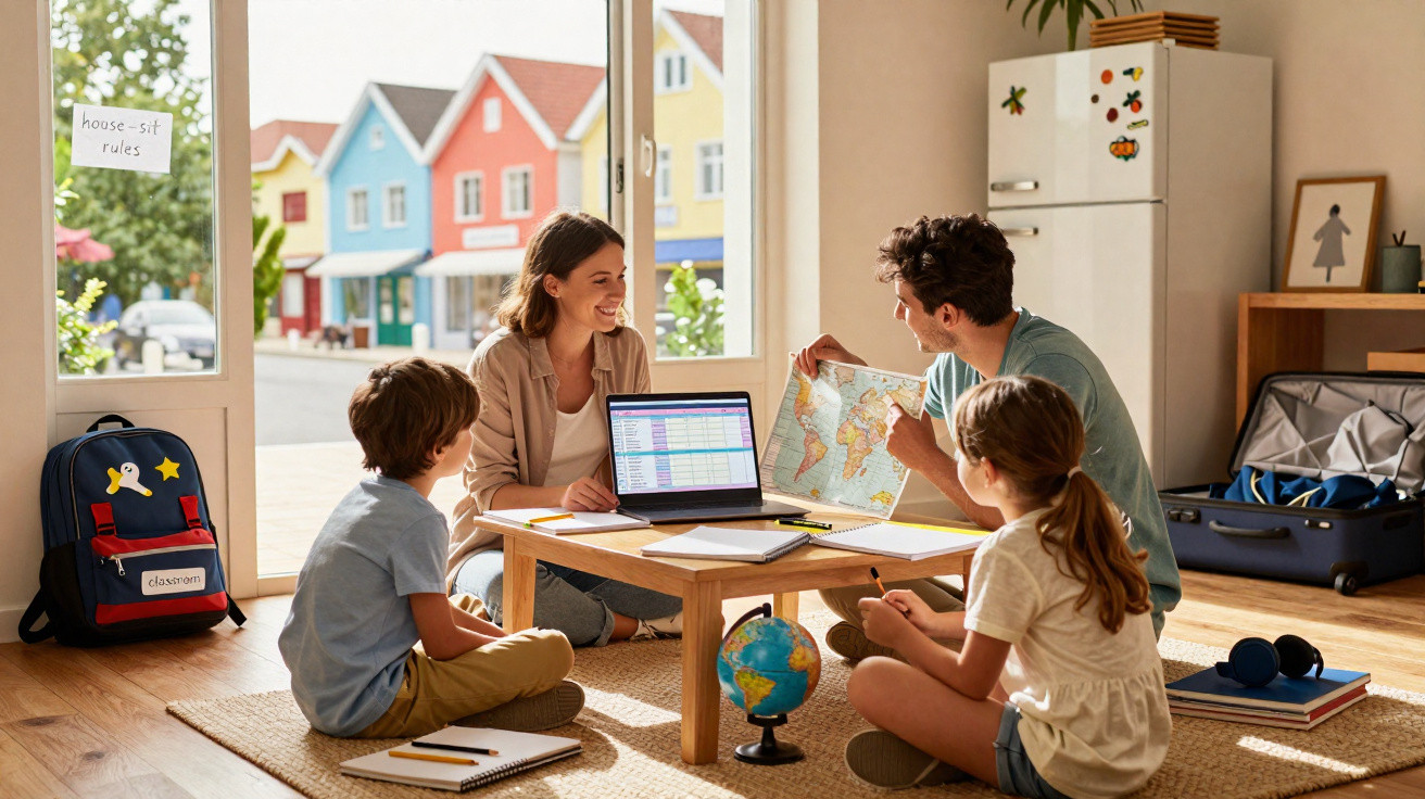 Família sentada no chão à volta de uma mesa baixa, planeando viagem com mapa, laptop e globo terrestre numa sala iluminada.