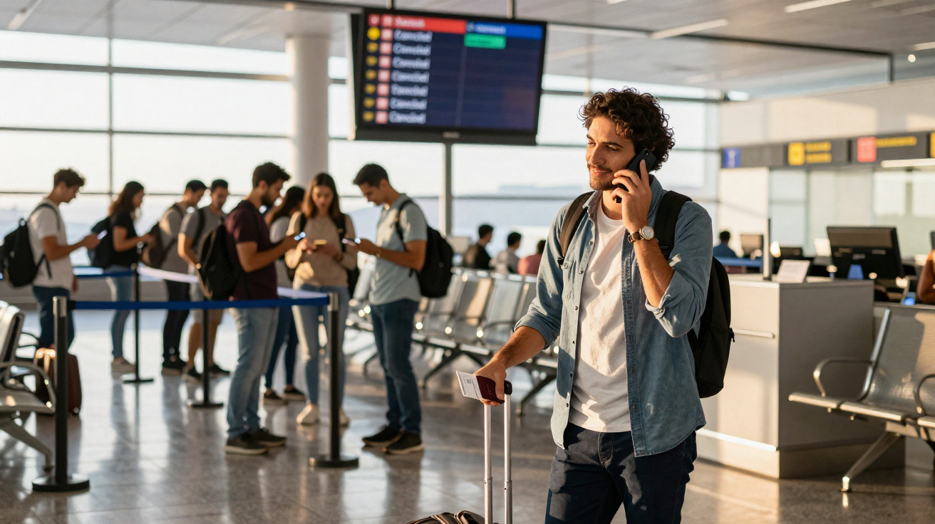 Homem com mochila fala ao telemóvel na fila de embarque de aeroporto com outras pessoas ao fundo.