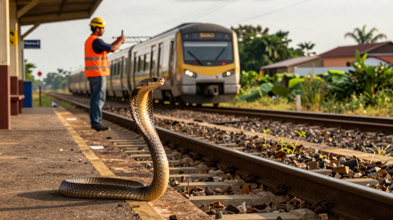 Cobra cobra na plataforma de comboio, homem de colete e capacete tira foto com comboio de fundo.