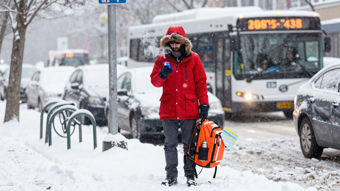Homem com casaco vermelho e mochila laranja parado na neve a olhar para o telemóvel, com autocarro ao fundo.