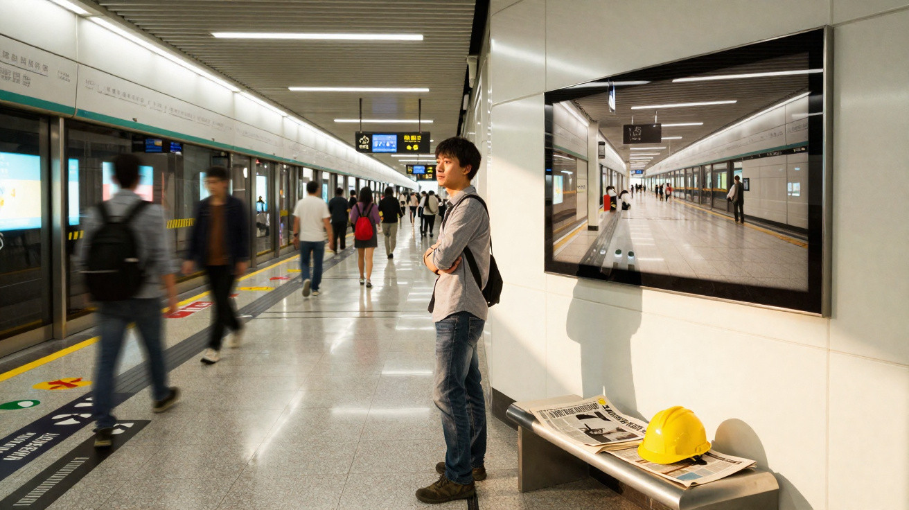 Estação de metro com várias pessoas, um homem em destaque e capacete amarelo sobre banco com jornal.