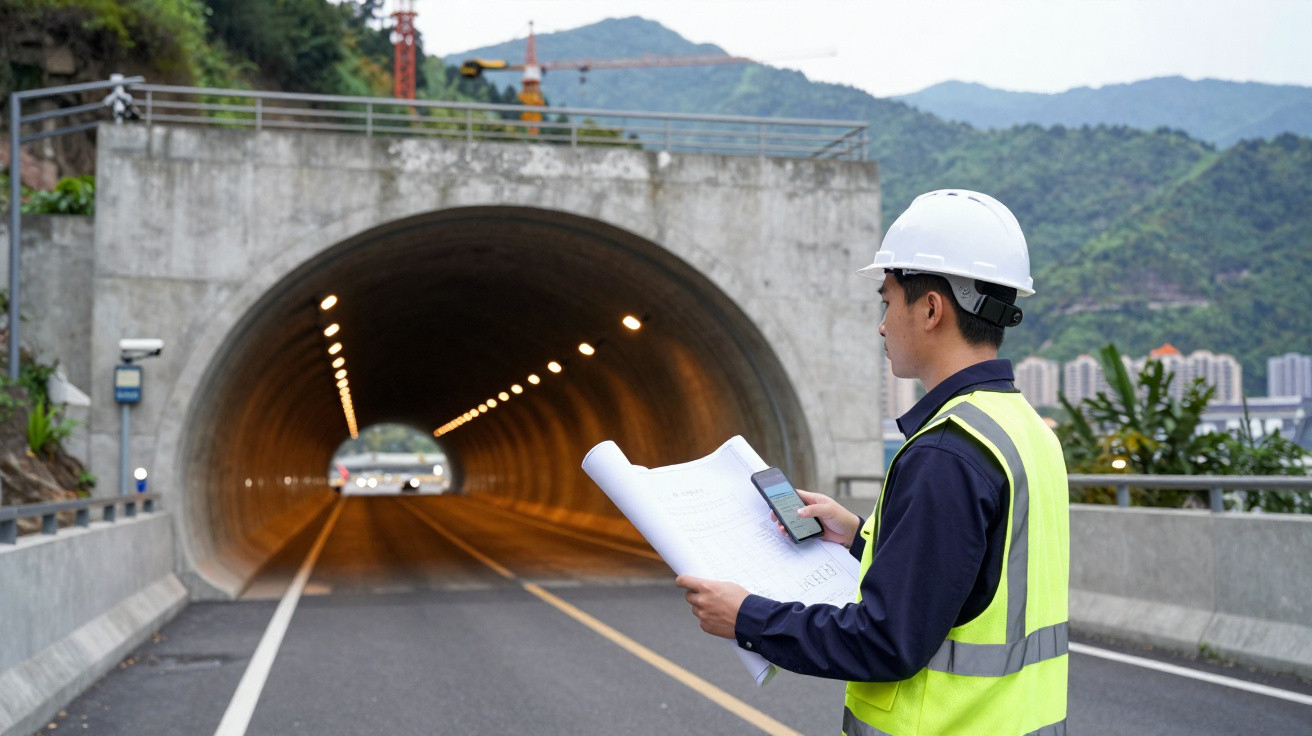 Engenheiro de segurança com capacete e colete refletor verifica planos junto a túnel rodoviário iluminado.