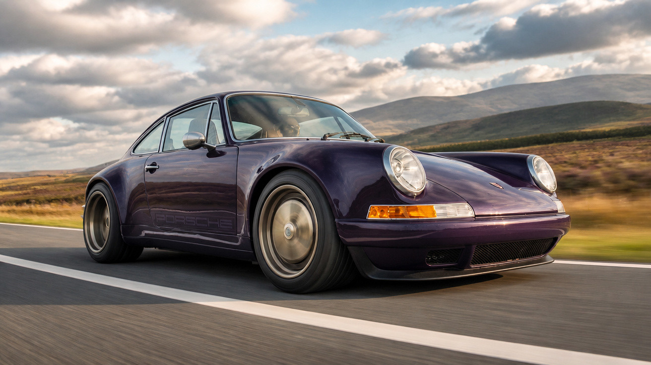 Carro desportivo Porsche clássico em movimento numa estrada com céu nublado e paisagem campestre.