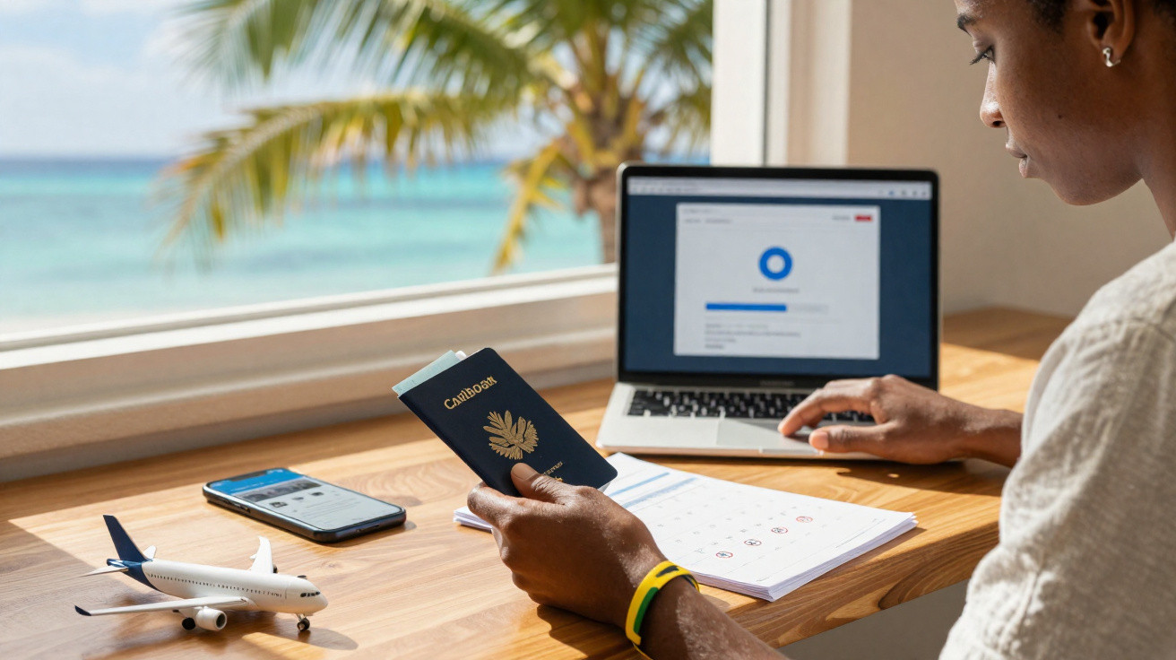 Pessoa a trabalhar num computador portátil junto à janela com vista para o mar, segurando um passaporte e com miniatura de av