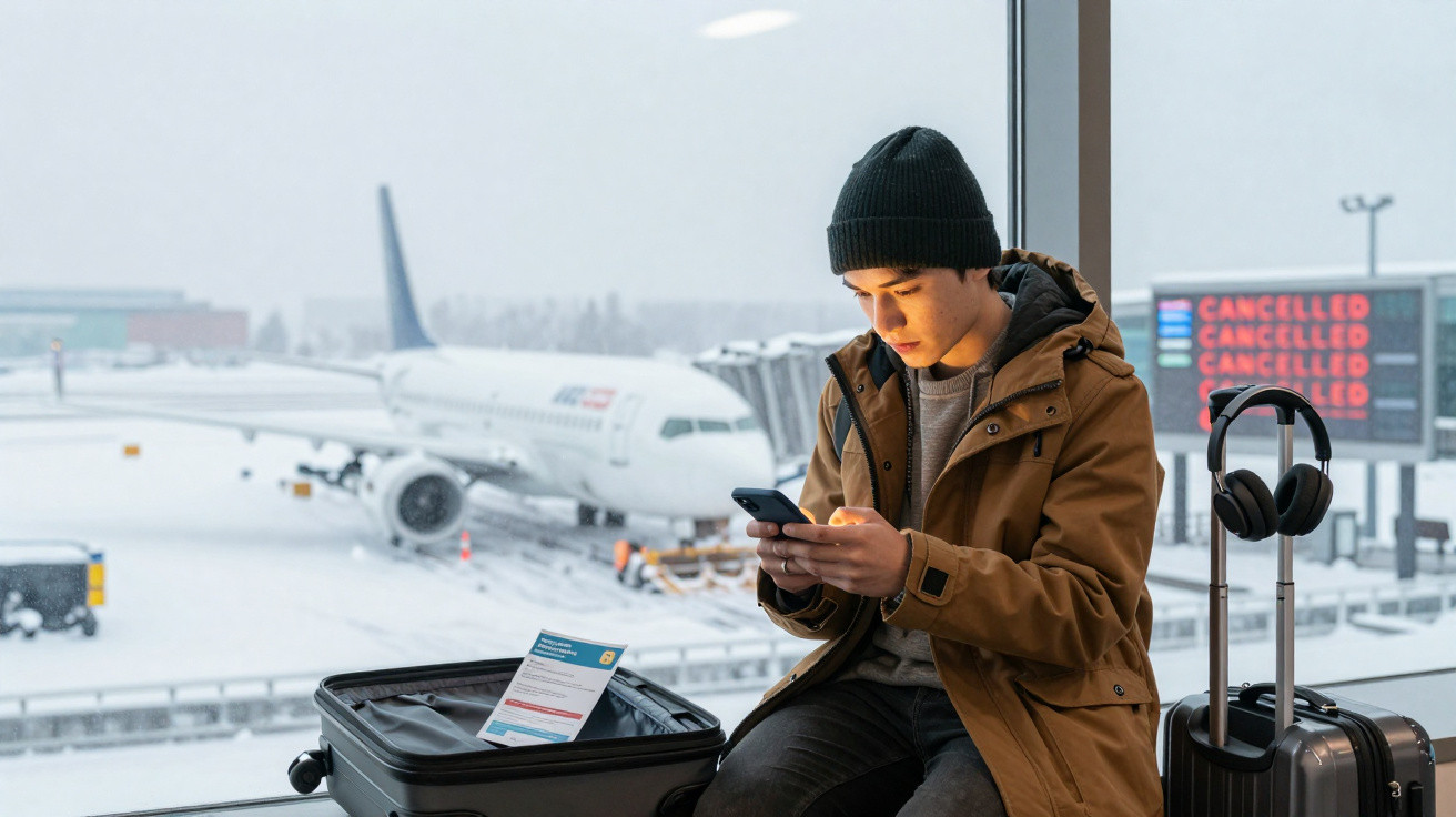 Jovem com casaco e gorro sentado no aeroporto a olhar para o telemóvel, com avião e aviso de voos cancelados ao fundo.