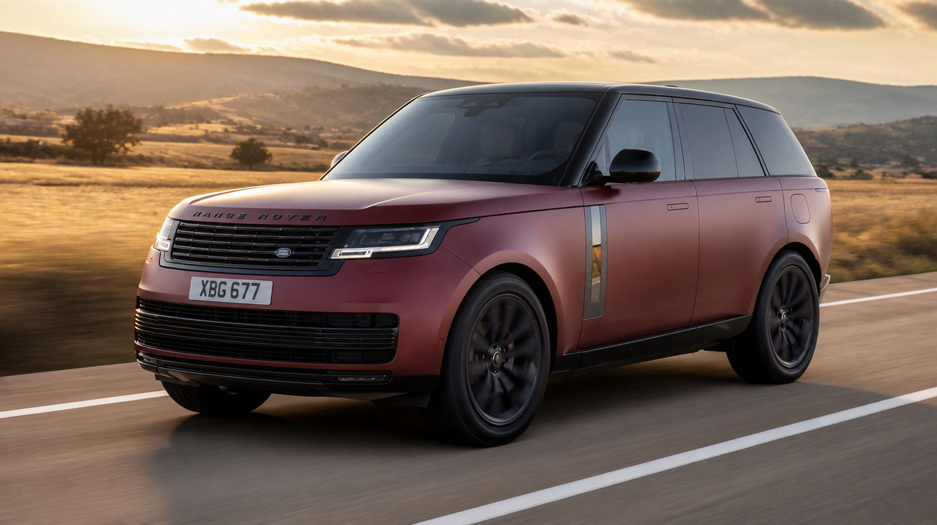 Carro Range Rover vermelho a circular numa estrada com paisagem rural ao entardecer.