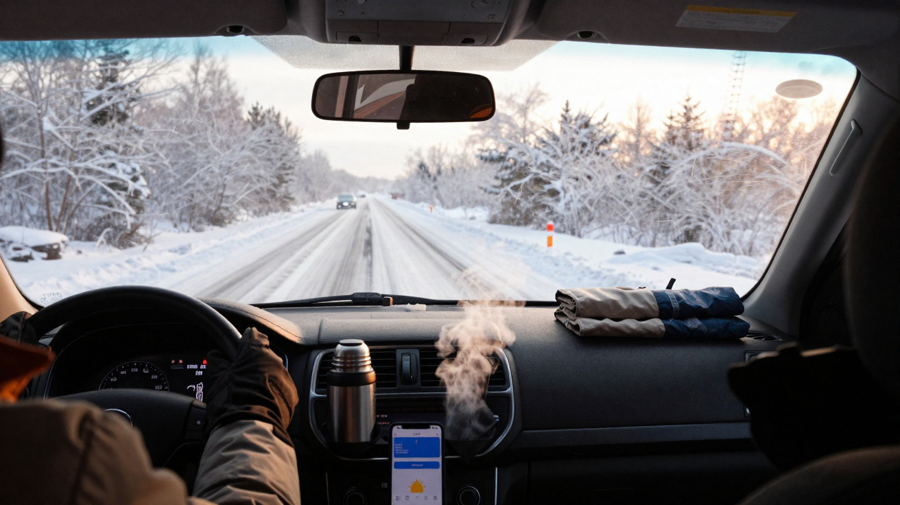 Interior de carro com motorista, visão da estrada branca e nevada à frente, termoss com vapor no suporte do painel.