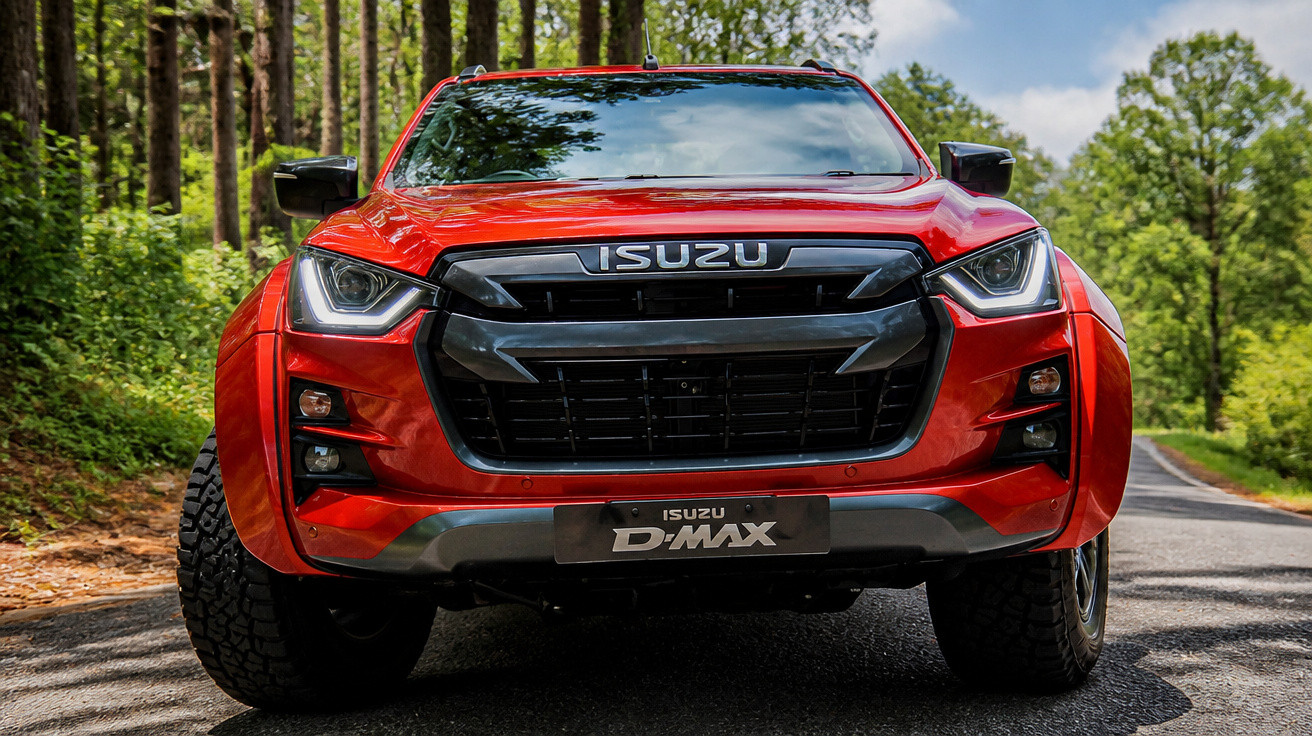 Picape vermelha Isuzu D-Max na estrada cercada por árvores verdes sob céu azul com nuvens.