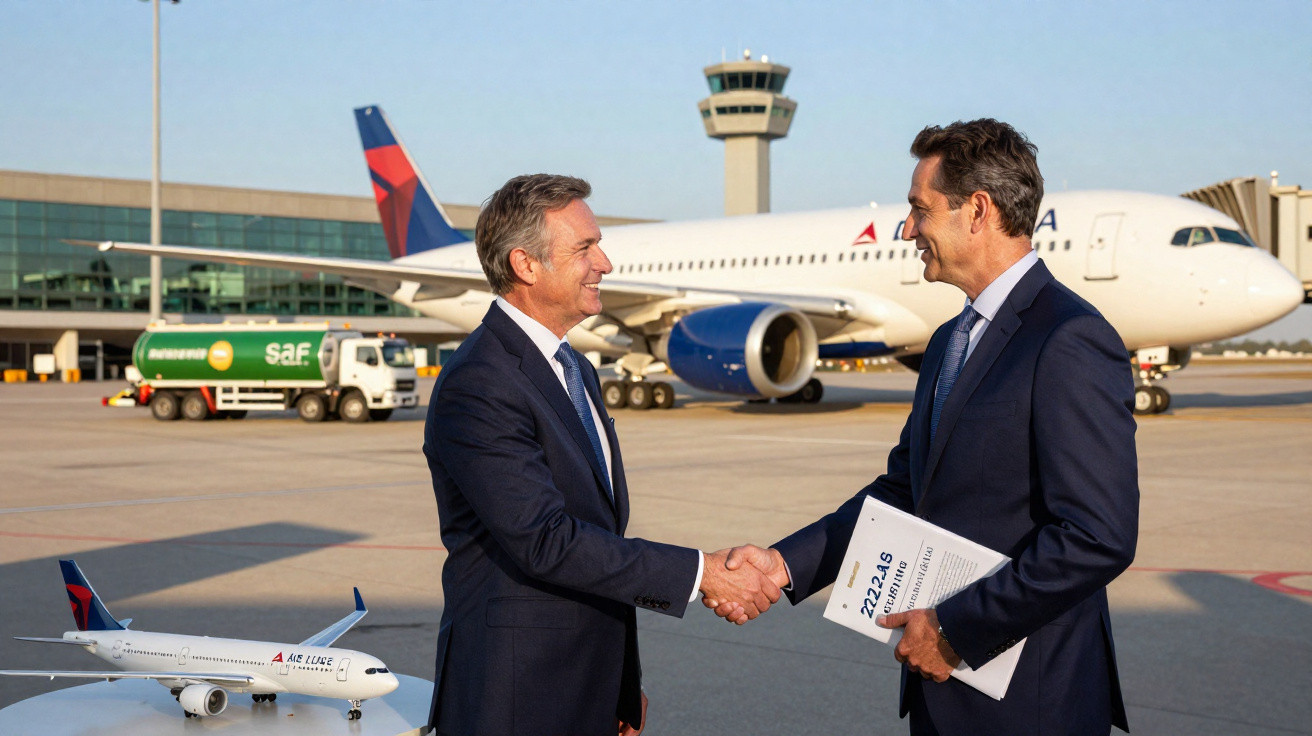 Dois homens de fato apertam as mãos num aeroporto, com avião e maquete de avião ao fundo.