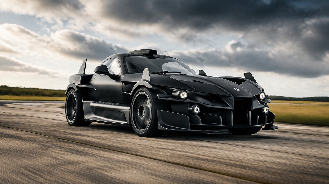 Carro desportivo preto futurista a alta velocidade numa pista com céu nublado ao fundo.