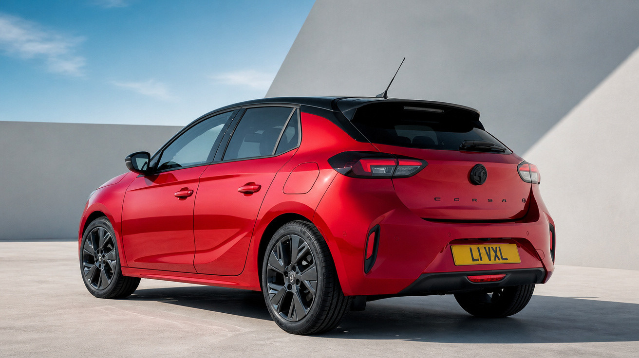 Carro vermelho Opel Corsa com tejadilho preto estacionado numa área urbana sob céu azul.