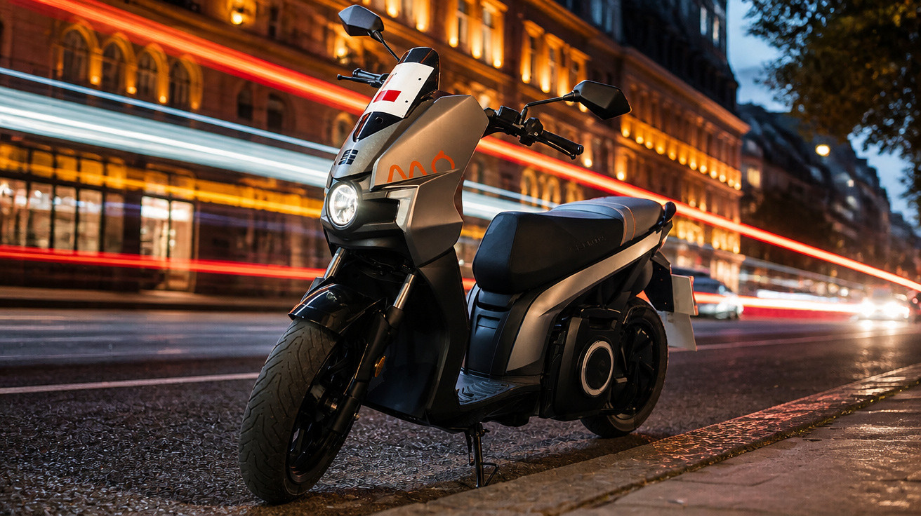Motociclo moderno estacionado numa rua iluminada à noite com luzes e edifícios ao fundo.