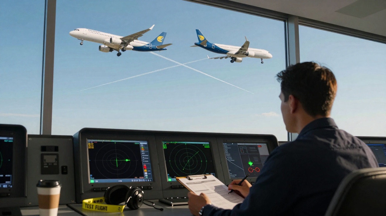Controlador aéreo monitoriza radares enquanto dois aviões da Jet Airways voam em céu limpo à frente da torre.