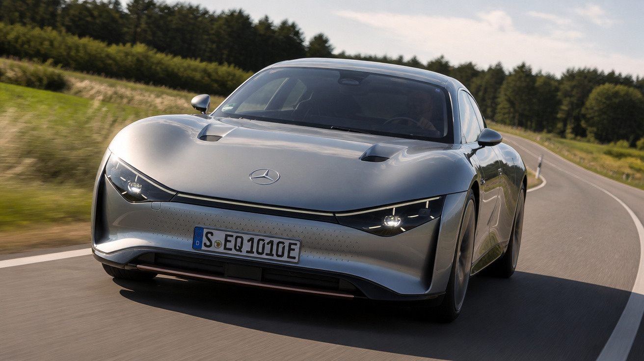 Carro elétrico Mercedes-Benz prateado a conduzir numa estrada sinuosa com campo e árvores ao fundo.
