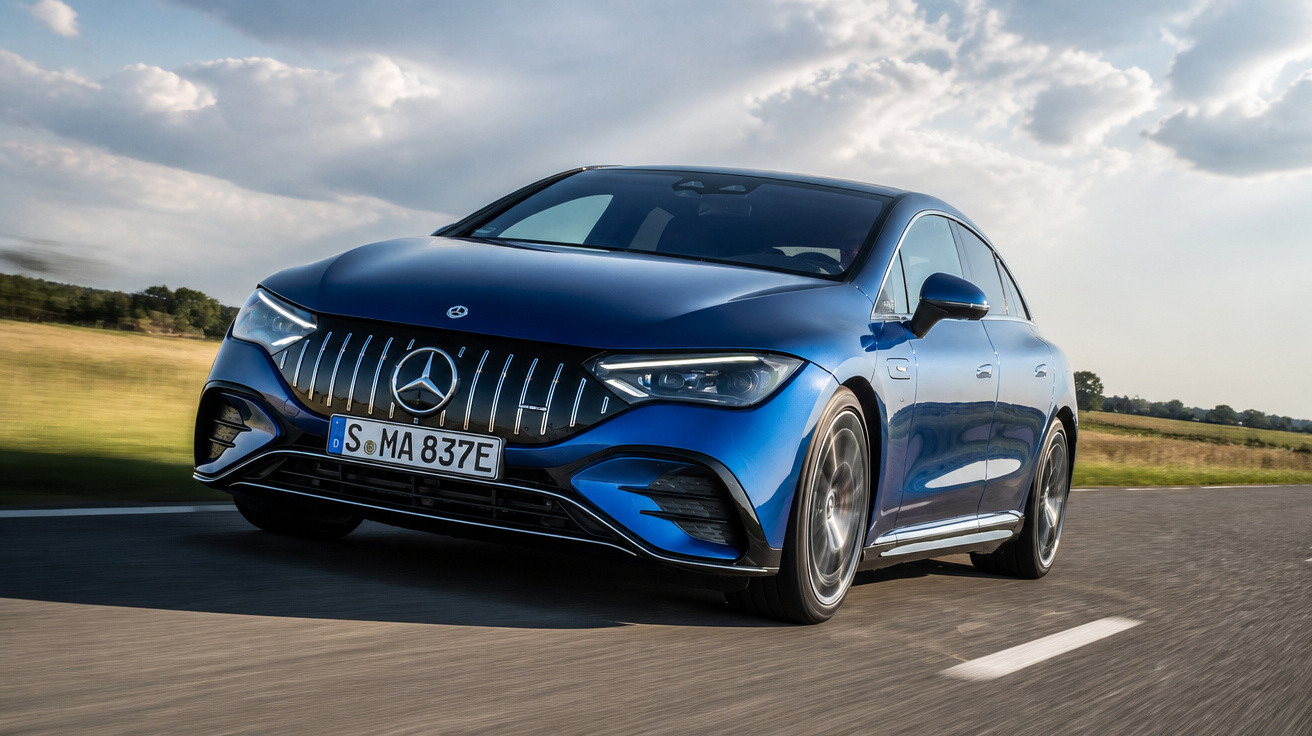 Carro eléctrico azul Mercedes-Benz a circular numa estrada asfaltada com céu nublado ao fundo.