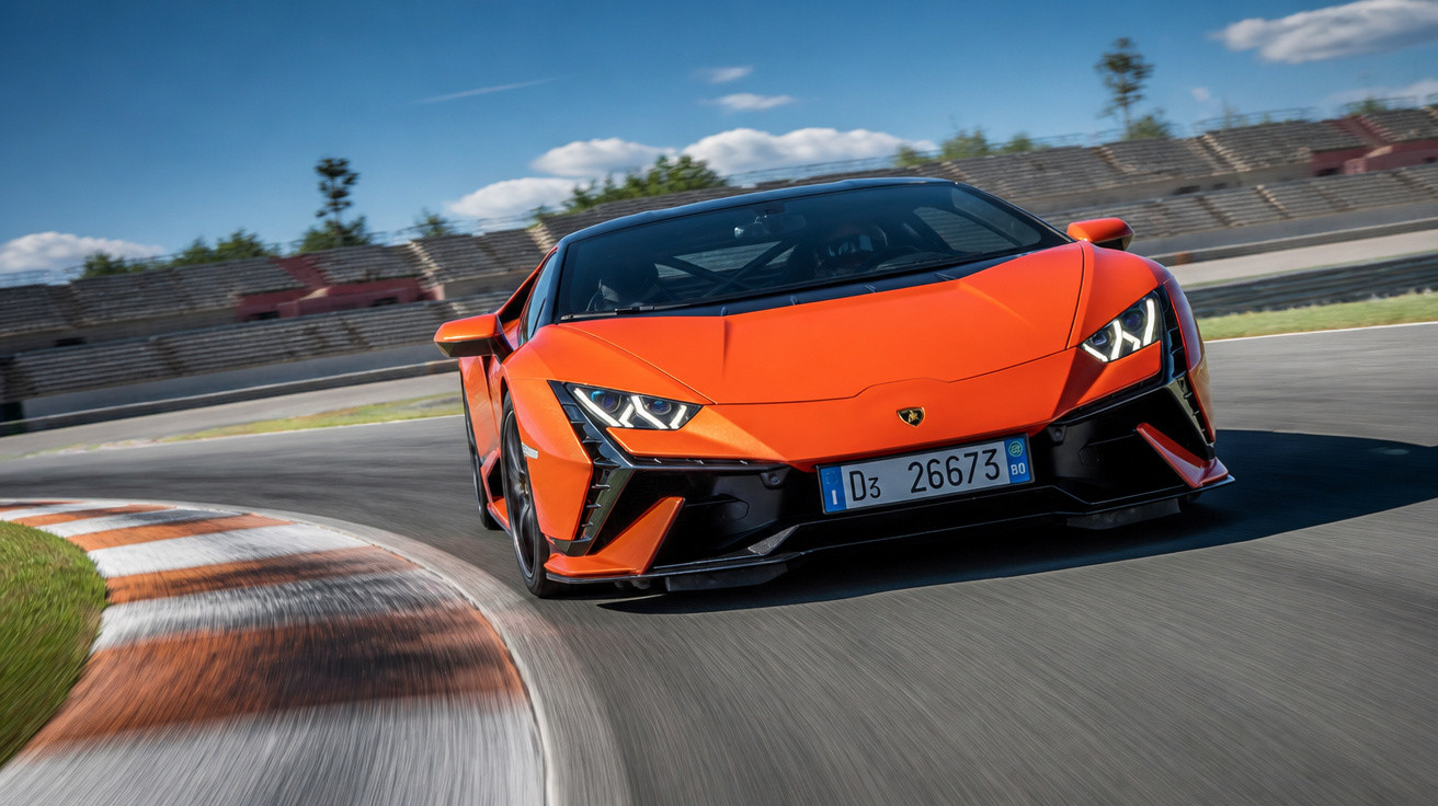 Carro desportivo Lamborghini laranja a fazer curva numa pista de corrida sob céu azul com nuvens.