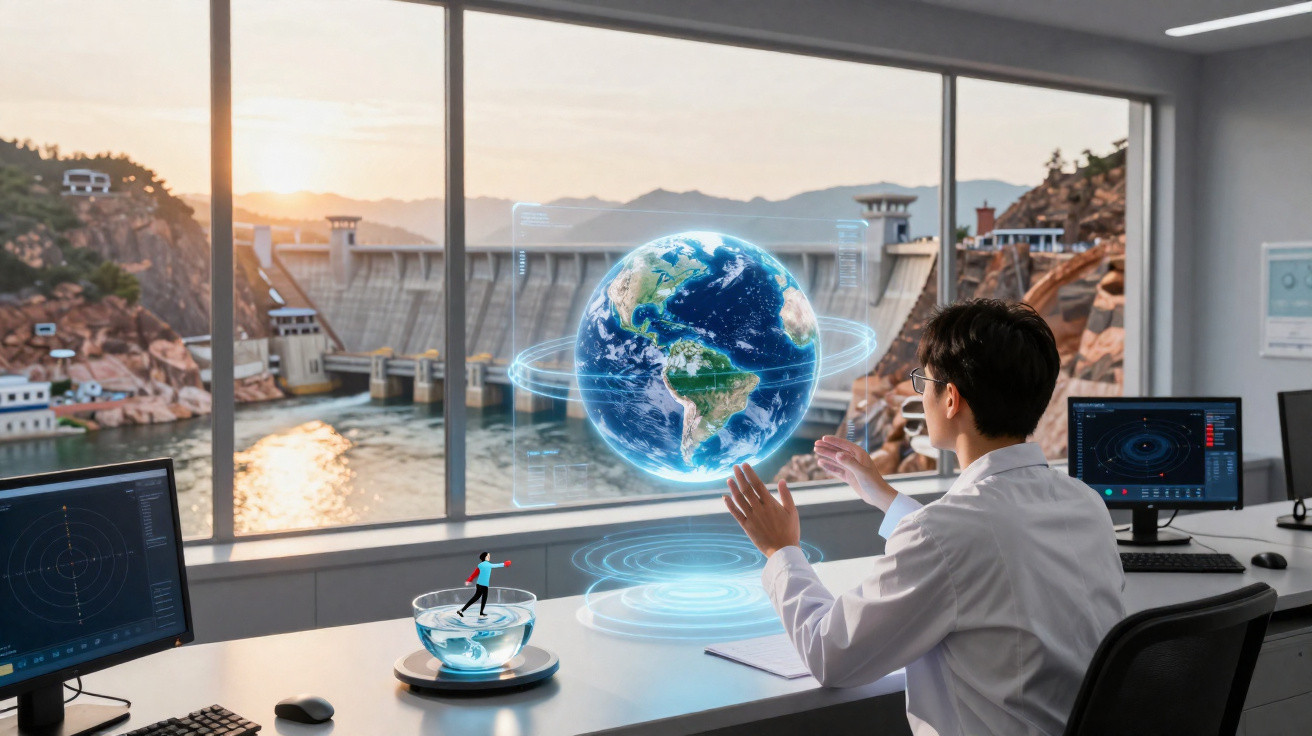 Pessoa em laboratório interage com globo terrestre holográfico, janelas mostram barragem e montanhas ao pôr do sol.