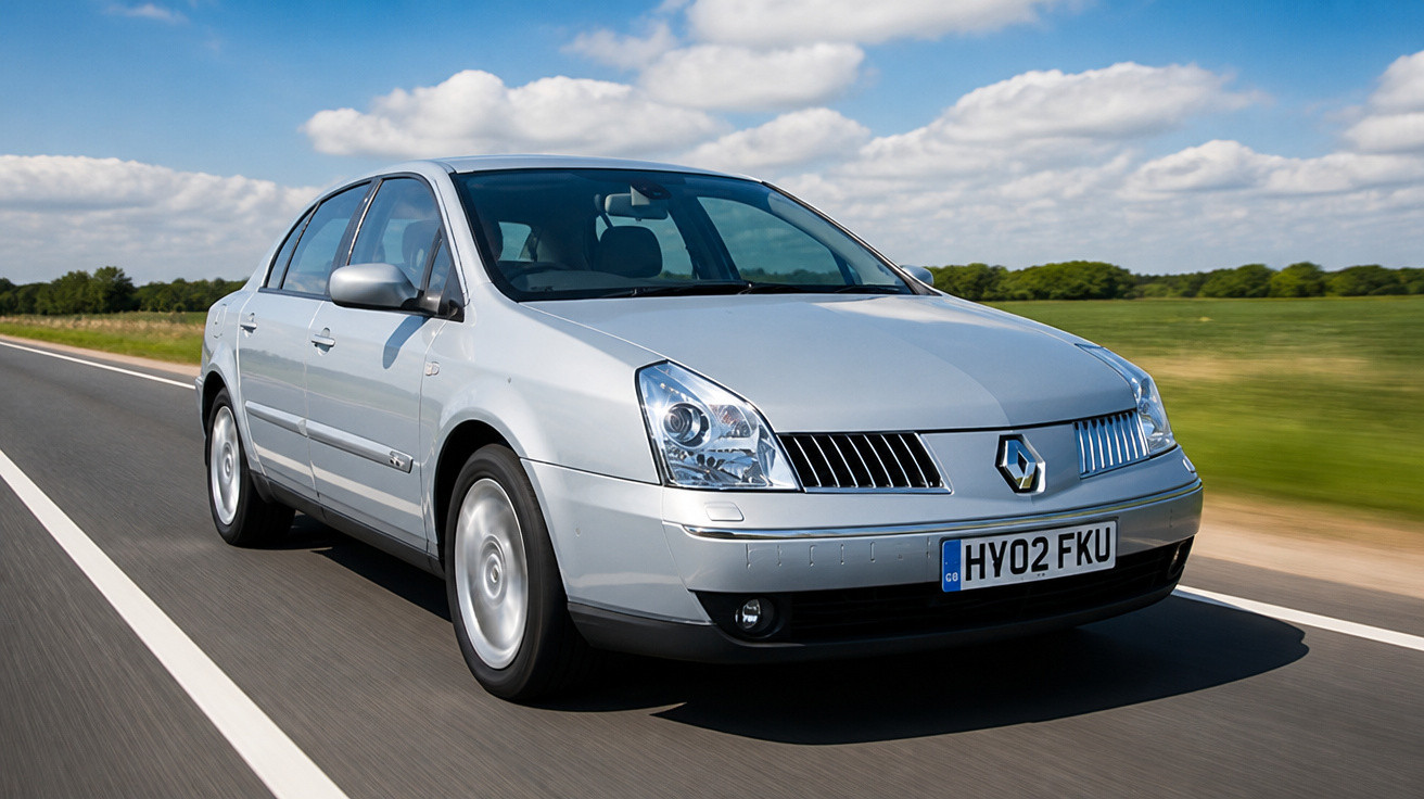 Carro cinzento Renault sedan a circular numa estrada com campo verde e céu azul com nuvens.