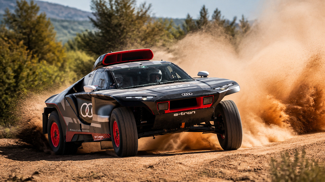 Audi e-tron preto a alta velocidade em pista de terra, com pó levantado e ambiente natural.
