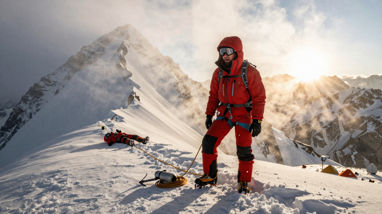 Montanhista em roupa vermelha com óculos de sol na neve, com montanha enevoada ao fundo.