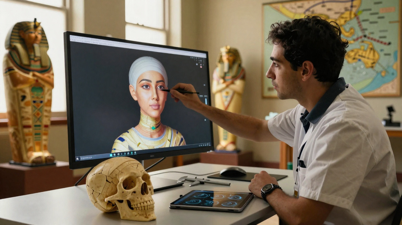 Homem a trabalhar na digitalização 3D de figura egípcia antiga num ecrã de computador com crânio na mesa.