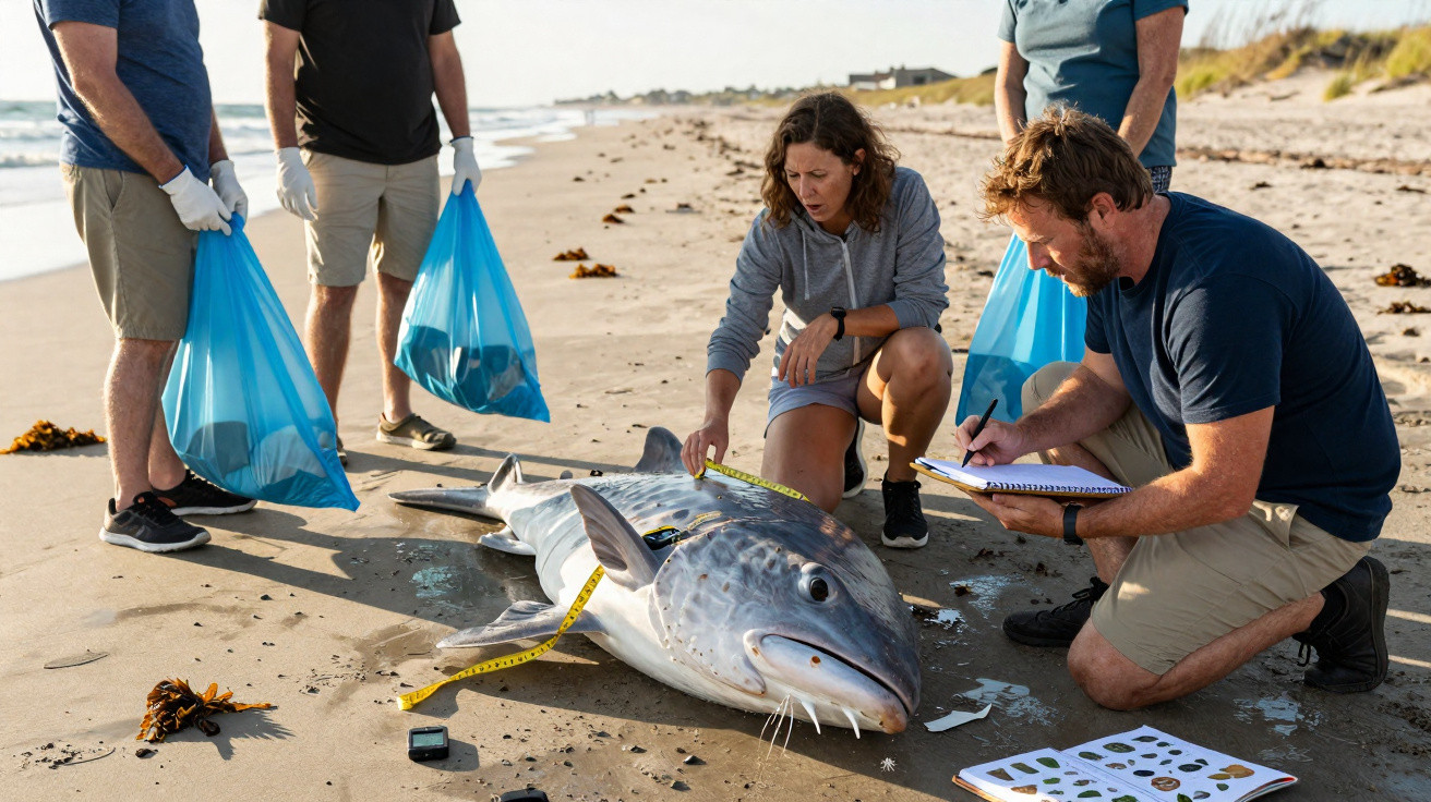 Grupo de cientistas a medir e registar dados de um tubarão encalhado na praia.