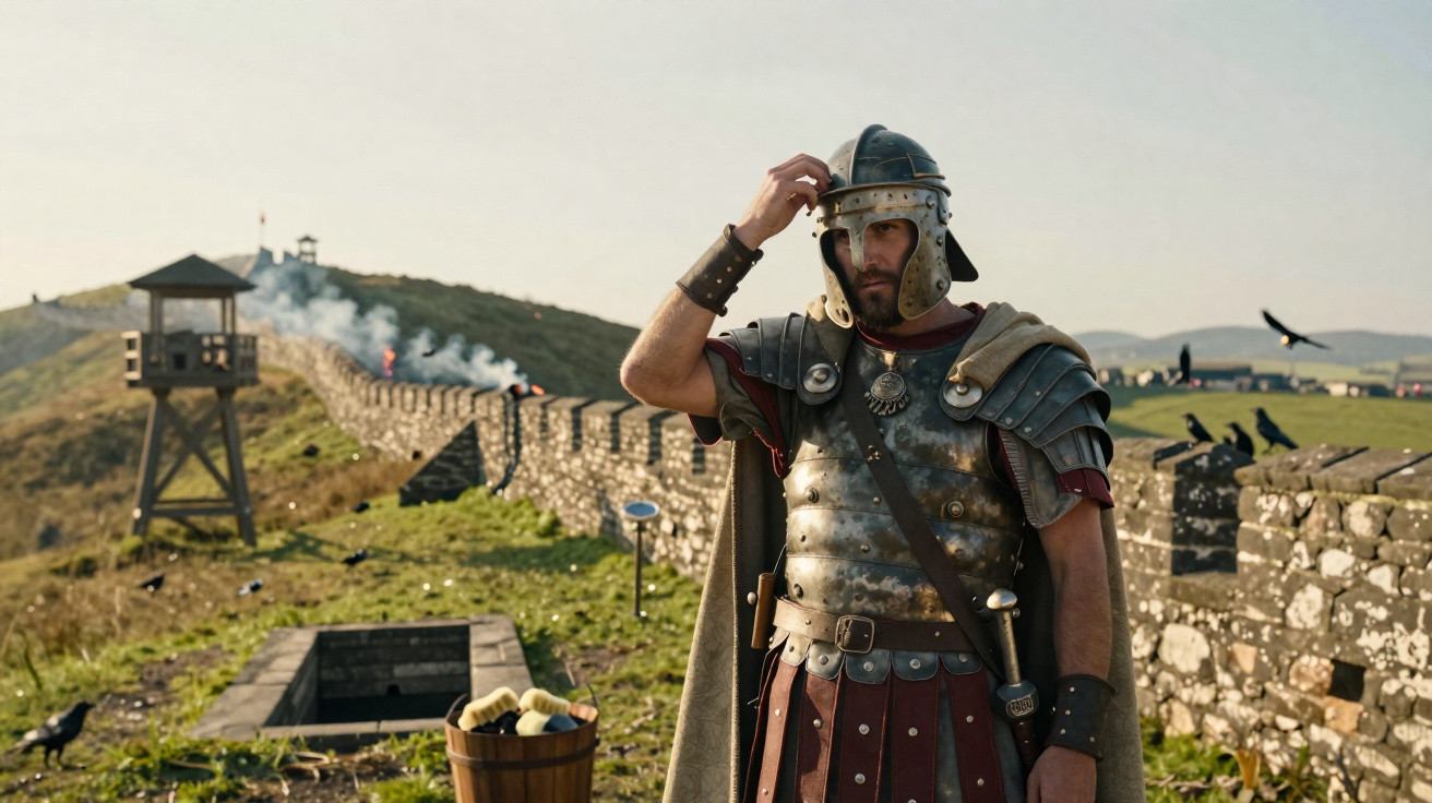 Soldado romano com armadura completa e capacete ajusta-o junto a muralha antiga com torre de vigia ao fundo.