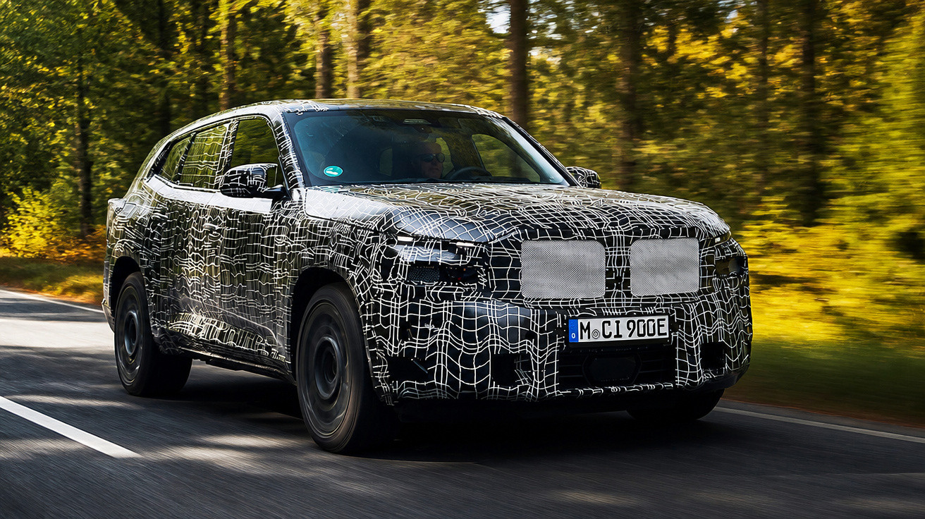 Automóvel SUV camuflado a circular numa estrada rodeada de árvores com folhas outonais.