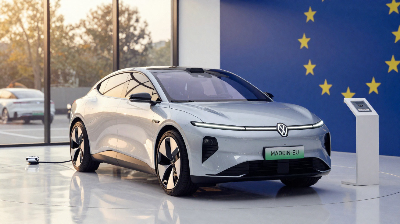 Carro elétrico moderno, cor prata, em exposição com carregador ligado e símbolo da União Europeia ao fundo.