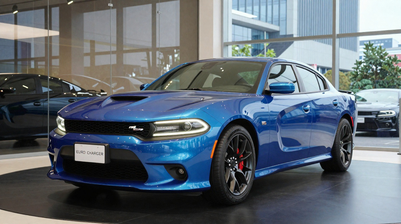 Carro desportivo azul Dodge Charger R/T exposto numa sala de showroom com janelas grandes.