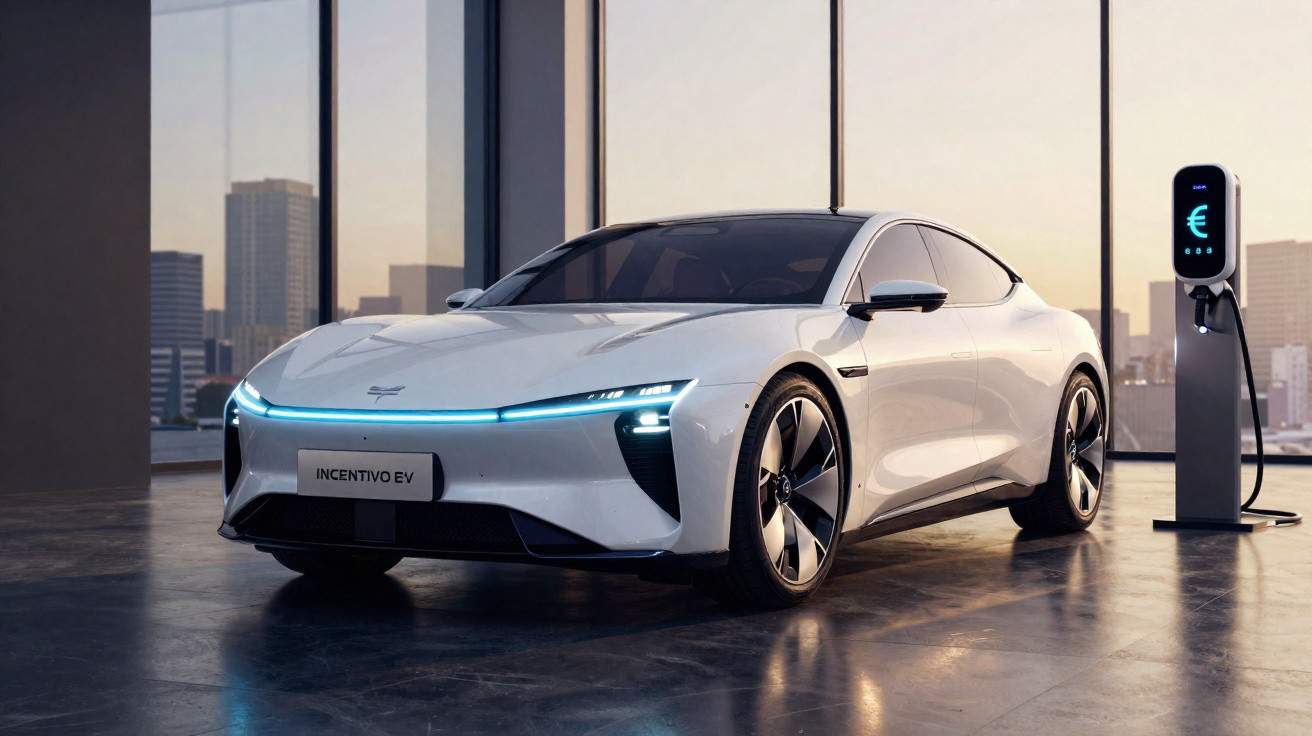 Carro elétrico moderno branco estacionado junto a posto de carregamento com símbolo de euro iluminado.